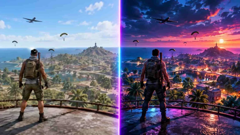 Free Fire vs Free Fire MAX split-screen graphics comparison in neon esports style