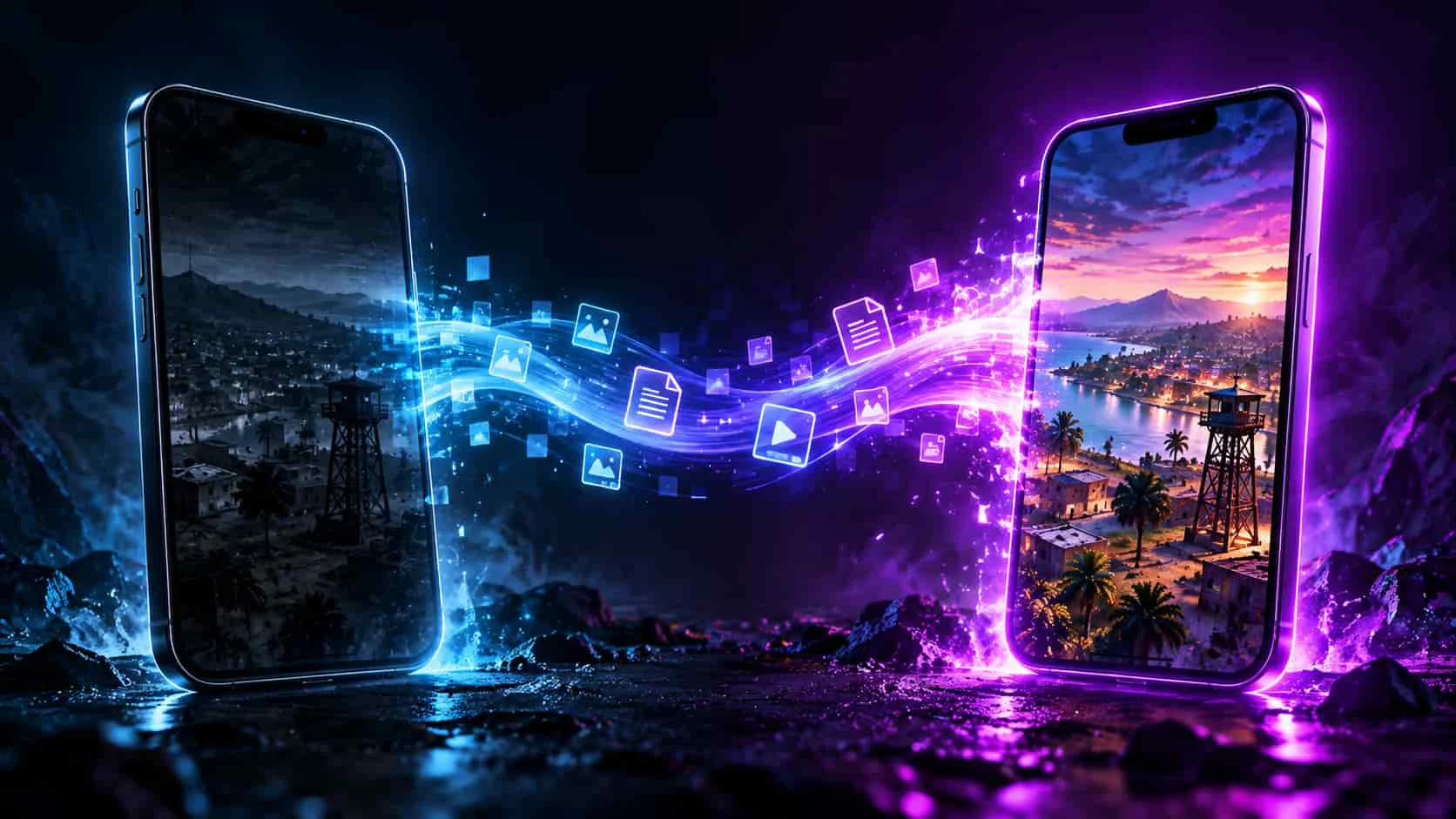 Two phones linked by Firelink syncing one shared Free Fire account
