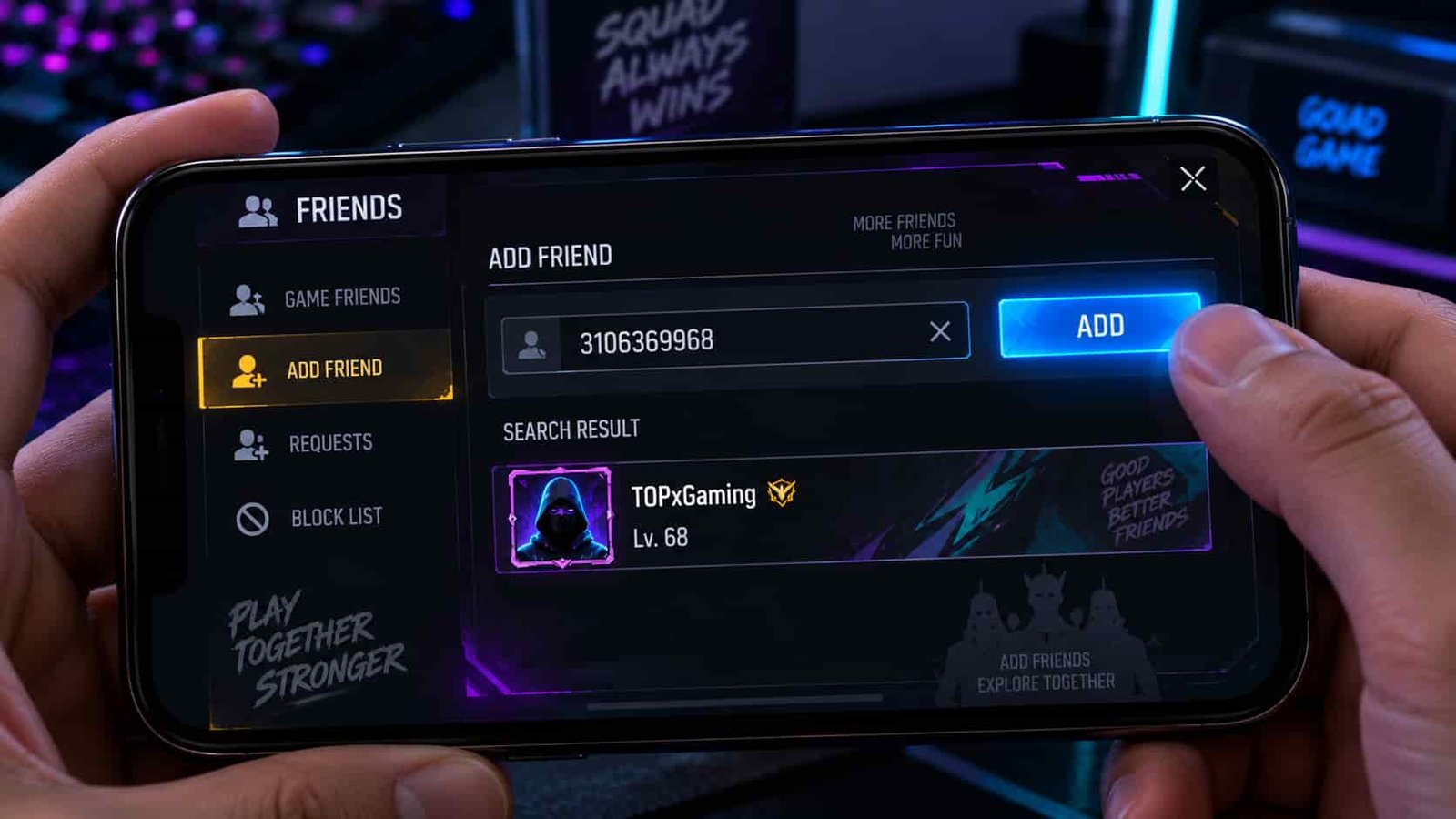 Add-by-ID search screen previewing a player card in Free Fire