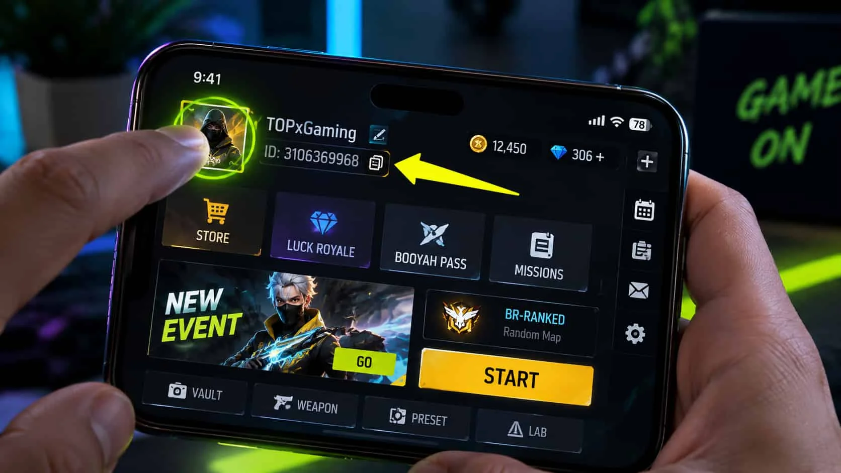 Illustration showing where to tap the avatar to find your Free Fire UID