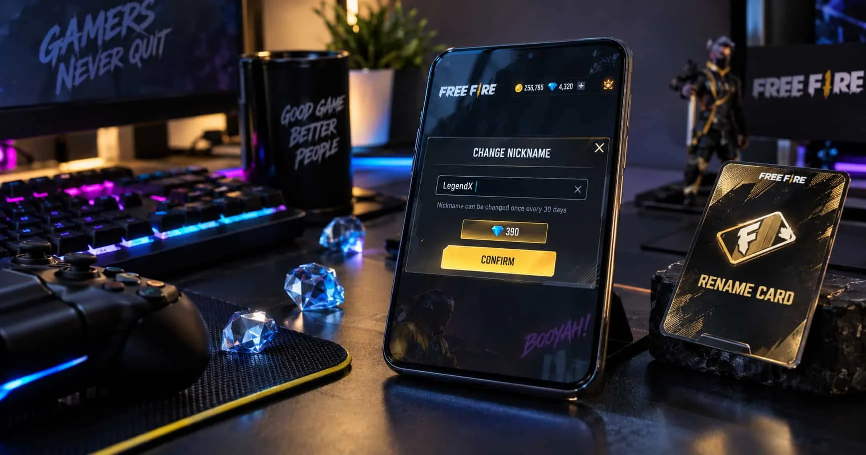 Neon smartphone showing a Free Fire name change cost screen with floating diamond and rename card icons