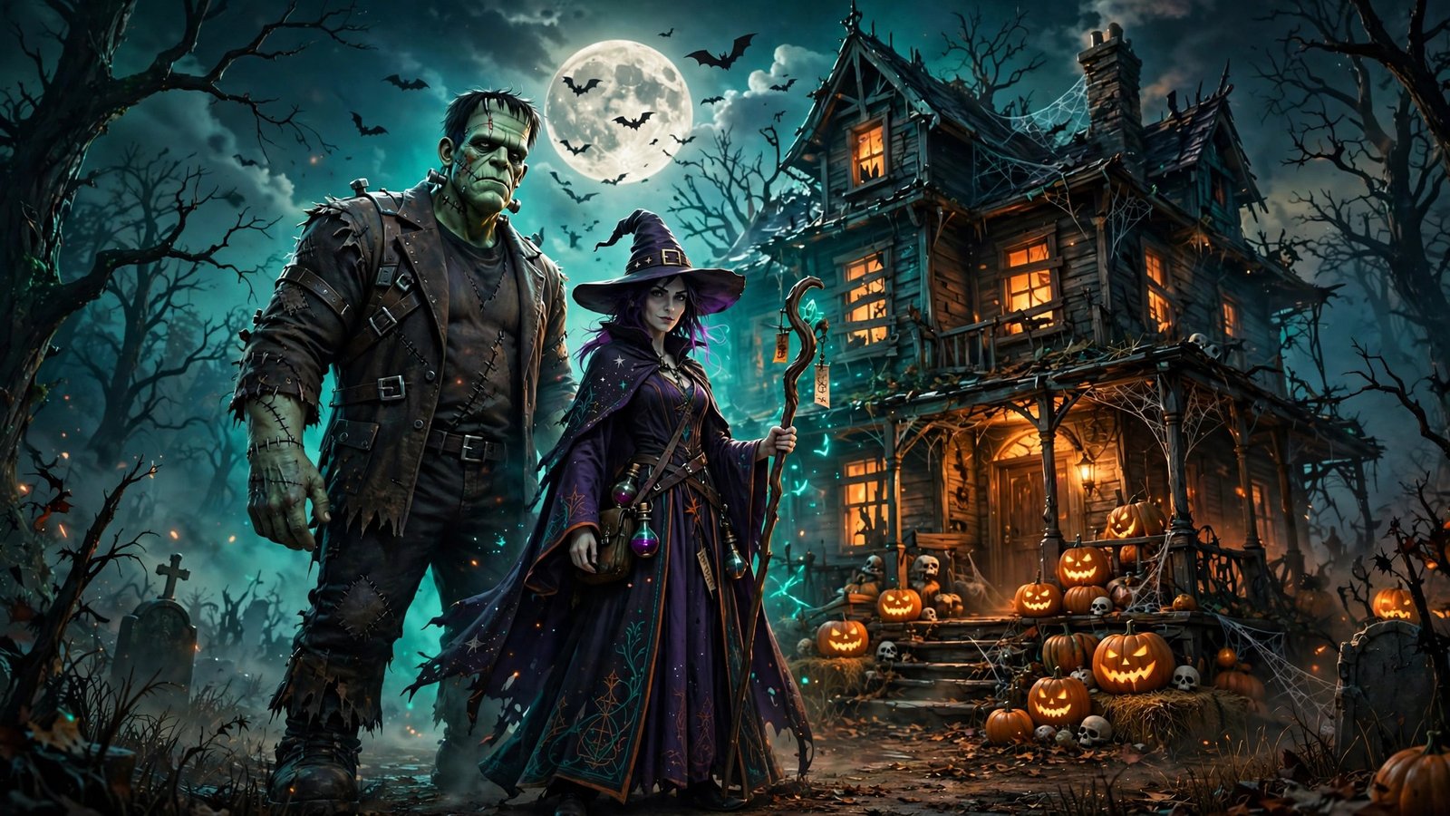 Frankenstein and witch haunted house art